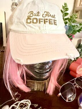 "But First COFFEE" Embellished Baseball Cap - White & Light Pink Hat